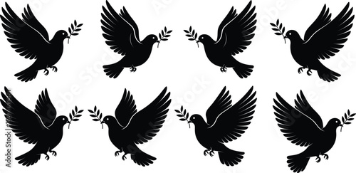 Black Dove Silhouette Collection with Olive Branch Flying Bird Peace Symbol Vector Illustration Set