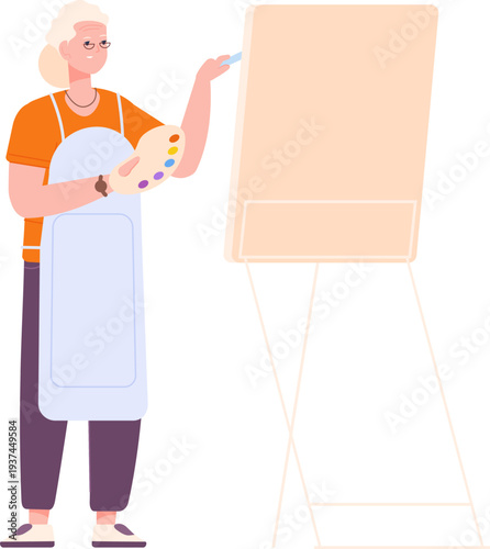 Elderly woman artist. Senior painting canvas scene