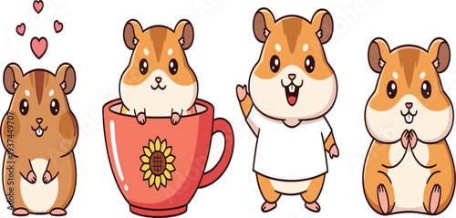 Cartoon Hamsters in Different Poses, Including Hamsters with Hearts, in a Cup, and Wearing a T-Shirt