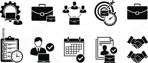 Business Management and Productivity Icon Set with Briefcase, Target, Calendar, Checklist, Teamwork and Handshake Symbols Vector Collection