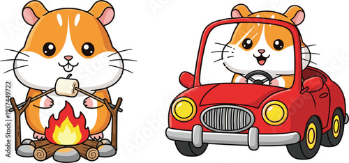 Cartoon Hamsters Roasting Marshmallows by the Campfire and Driving a Red Car