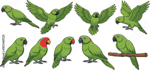 Cartoon Green Parrots in Various Poses, Including Flying, Perched, and Resting"