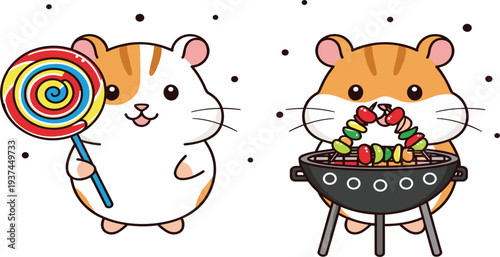 Cartoon Hamsters with a Lollipop and Grilling Kebabs in Fun Summer Settings