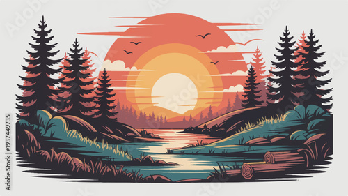 Peaceful forest lakeside scene at sunset, with silhouetted pine trees, reflecting water, and warm sky colors.