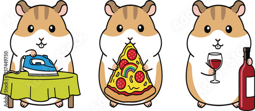 Cartoon Hamsters with Fun Activities, Including Ironing, Holding Pizza, and Drinking Wine