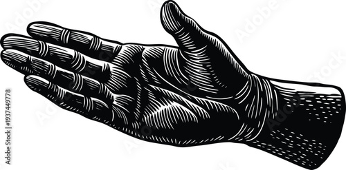 A black and white illustration of a left hand with palm facing upwards and fingers spread apart