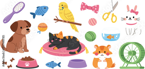 Cartoon Pets and Their Accessories, Including a Dog, Cat, Hamster, Fish, and Rabbit with Fun Items