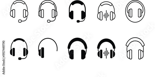 Headphones and Headset Icon Set with Audio Listening, Music and Call Center Communication Symbols Outline and Solid Vector Collection