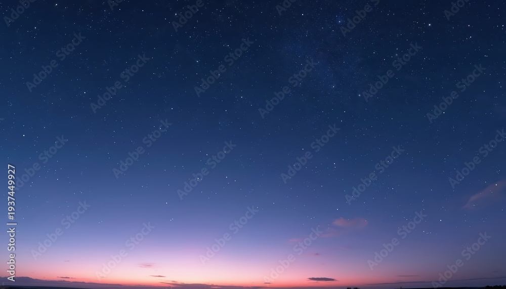 Fototapeta premium Vast night sky displays countless stars with gentle gradient from deep blue to soft purple at twilight. Clear horizon shows faint outlines of land under expansive celestial expanse, evoking peace.