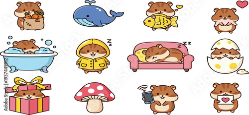 Cartoon Style Hamsters Engaged in Fun Activities Like Eating, Bathing, Sleeping, and Playing with Gifts and Gadgets