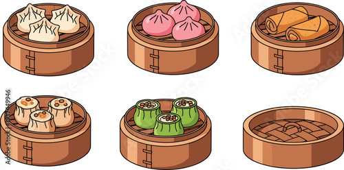 Chinese Dim Sum Set Featuring Steamed Dumplings Bao Buns Siu Mai and Spring Rolls in Traditional Bamboo Steamers for Asian Cuisine Design.