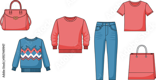 Casual Clothing and Shopping Set Featuring Red Sweaters, T-Shirt, Denim Jeans and Handbags for Fashion Retail and Wardrobe Design.