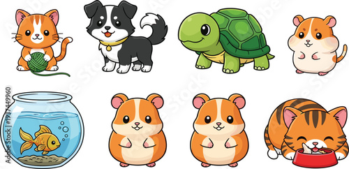Cartoon Style Pets Including a Cat, Dog, Turtle, Guinea Pigs, and Fish in a Fun and Playful Design