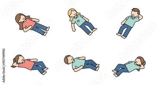 Cartoon people lying down in various relaxed poses vector illustration, perfect for casual lifestyle and wellness concepts