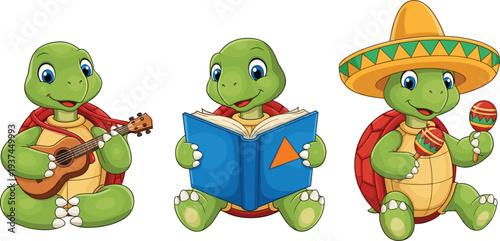 Cartoon Style Turtles Engaged in Fun Activities: Playing Guitar, Reading a Book, and Celebrating with Maracas