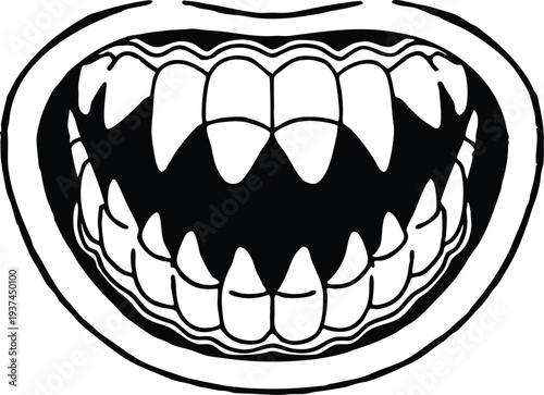 A black and white illustration of a menacing mouth with sharp teeth