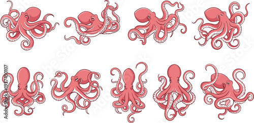Collection of cute pink octopus characters in various swimming and tentacle poses isolated on white background for marine life and ocean design.