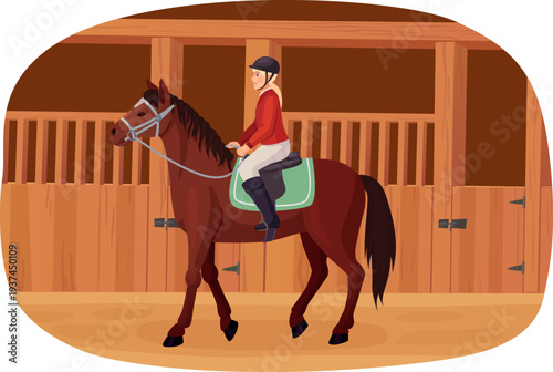 Horse stable scene. Professional jockey cartoon character
