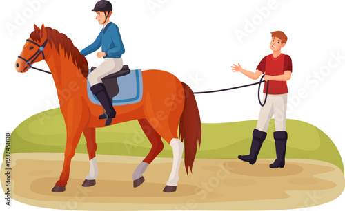 Kid horseback training. Boy sit on saddle with professional help