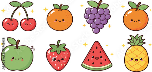 Colorful and Cute Vector Fruits Cherries, Oranges, Grapes, Watermelon, Pineapple, and More with Smiling Faces