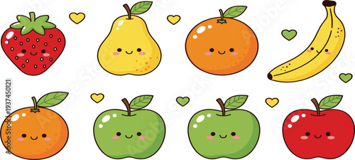 Colorful and Cute Vector Fruits Strawberry, Banana, Pear, Orange, Apple, and More with Smiling Faces and Heart