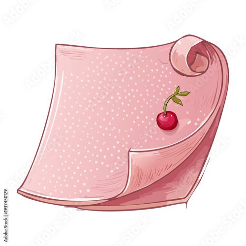 Illustration of a pink paper sheet with a cherry for creative note taking and recipe list icons in feminine application user interface design sets
