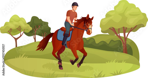 Horseman gallop. Kid ride horse in green nature outdoor