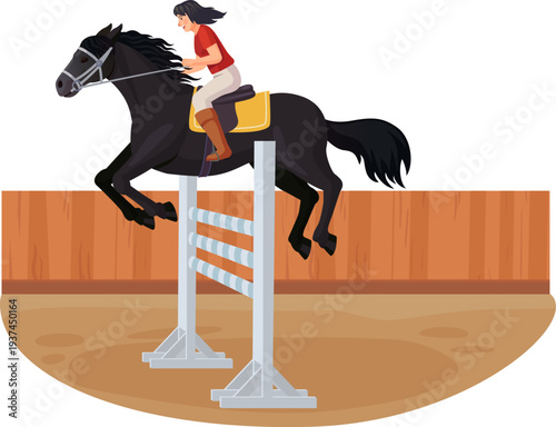 Horse race cartoon scene. Jockey jumping barrier