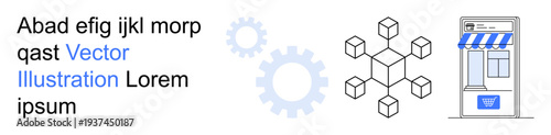 E-commerce, blockchain technology, digital marketing, online shopping, business solutions, web design. A storefront graphic with gear and blockchain cube elements. E-commerce and blockchain