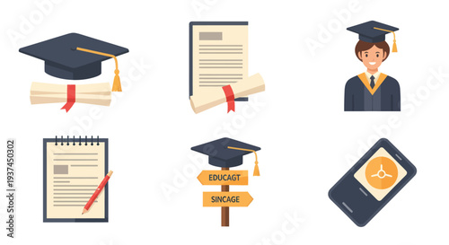 Flat education icons set including graduation cap, diploma, student, document, direction signpost, and mobile learning app, ideal for online education graphics