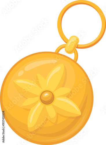 Golden pendant cartoon icon. Round charm jewelry