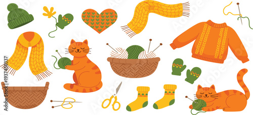 Cozy Knitting and Cute Cat Autumn Collection Vector Illustration with Sweater Scarf Yarn and Accessories