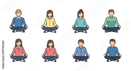 Group of diverse men and women meditating in lotus pose, flat style illustration for mindfulness, relaxation, wellness, and mental health concepts