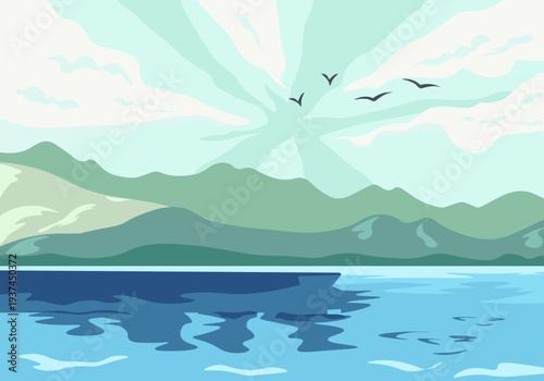 Mountain lake panorama. Cartoon nature scene landscape