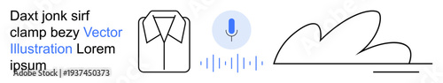 User interface, voice commands, clothing style, audio technology, abstract art, minimalist layouts. Microphone icon, shirt outline and abstract stroke. User interface and voice commands concept