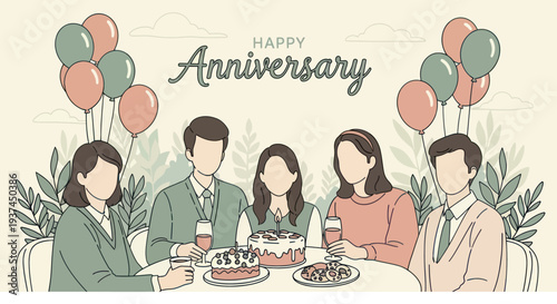 Happy anniversary celebration with group of people gathered around table with cakes, drinks, balloons and festive atmosphere, perfect for event or party themes
