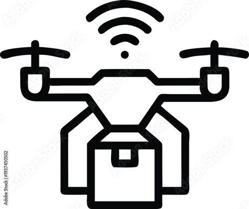 Drone package delivery icon representing smart autonomous shipping and efficient logistics services