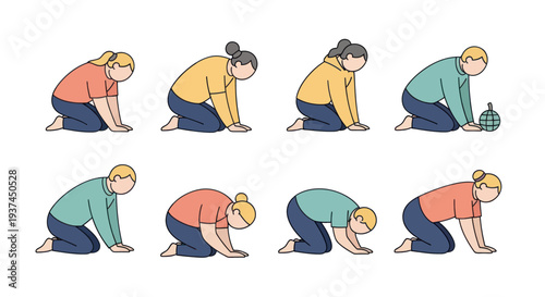 Set of diverse cartoon people performing cat-cow yoga stretch poses with pumpkin prop, colorful casual clothes, kneeling on floor, health and fitness concept