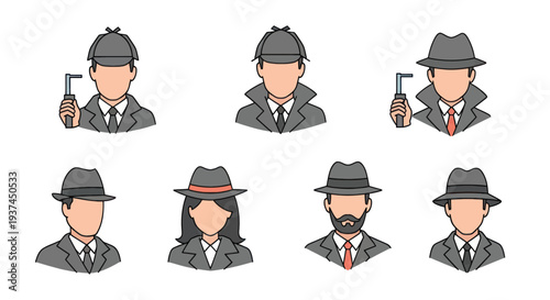Set of detective avatars with hats and trench coats holding pipe and without for mystery and investigation projects