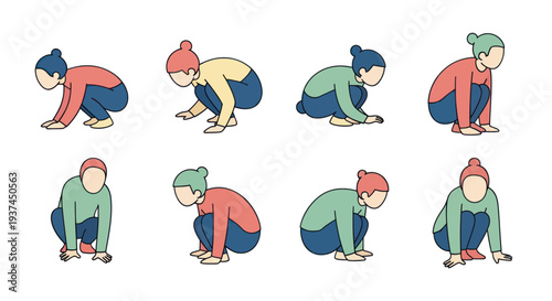Set of diverse hand-drawn people squatting in various poses, minimalist illustration for fitness, mindfulness, or ergonomic posture concepts