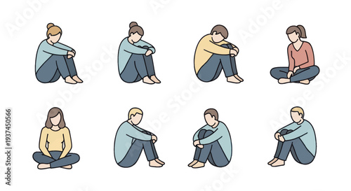 Set of diverse sad and thoughtful people sitting alone in various curled and crossed leg positions, illustrated concept of mental health and emotions