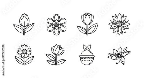 Set of eight black and white floral line art icons, simple flower illustrations for design projects and decoration