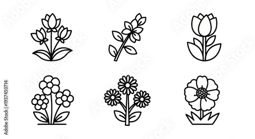 Black and white line art flower icons set with different floral designs for spring and nature projects