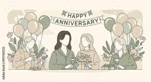 Anniversary celebration with friends holding wine glasses and gifts under balloons and banner, festive event illustration perfect for party invitations
