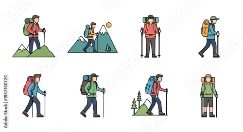 Set of hiking and trekking icons with backpacks and walking sticks for outdoor adventure and mountain sports design
