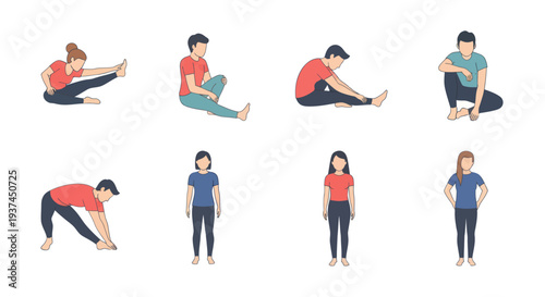 Set of male and female characters performing various stretching and warm-up exercises for fitness, health, and wellness illustrations