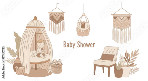 Boho baby shower decoration with cozy tent, plants, hanging macrame and comfy chair in neutral beige tones perfect for event invitations and nursery design