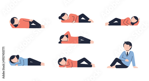 Business people in casual and formal attire relaxing and lying down in different resting poses, flat vector illustration for wellness and break concepts