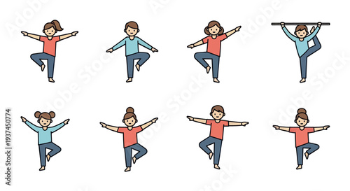 Cartoon children practicing balance yoga poses and stretching exercises, healthy lifestyle and fitness concept illustration for kids