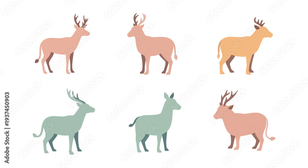 Obraz premium Cute stylized flat design deer and elk icons isolated on white background, wildlife animal illustration perfect for nature and forest projects